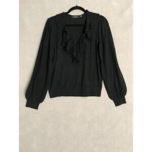Lauren Ralph Lauren Women's Large Cotton Blend Ruffle V-Neck Top Black NEW